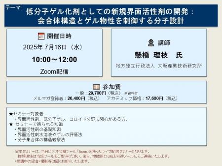【ライブ配信セミナー】低分子ゲル化剤としての新規界