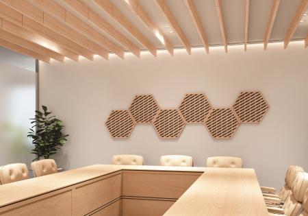 オフィスの音環境を改善する木製の音響調整部材を新発