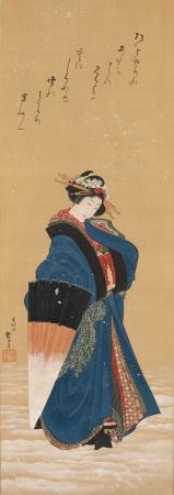 葛飾北斎 肉筆浮世絵「雪中美人図　蜀山人賛」　ワー