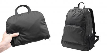 パッと広げて大きなリュックになる。折りたたみコンパ