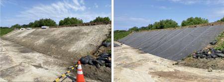 透気防水シート「ブリーザブルシート」河川復旧工事で 透気防水シート「ブリーザブルシート」河川復旧工事で