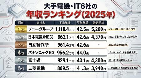 【大手電機・IT6社】年収×残業分析(2025年)|平均年 【大手電機・IT6社】年収×残業分析(2025年)|平均年