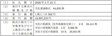譲渡制限付株式報酬としての新株式の発行に関するお知