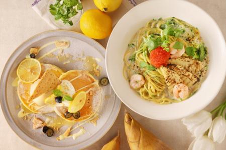 旬のたけのこ×海老の春パスタと、レモン香るレアチー