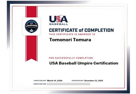 米国野球（マイナー）審判資格を取得：　戸村智憲が「