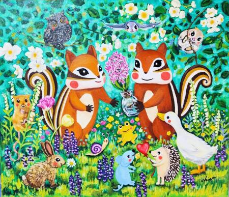 丸善・丸の内本店に りすたちの春を描いた作品が一堂