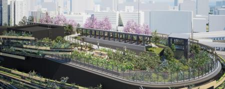 高輪ゲートウェイの屋上から、水面の先に新幹線が走る 高輪ゲートウェイの屋上から、水面の先に新幹線が走る