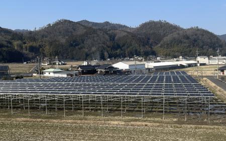 レンゲ咲く田んぼで営農型太陽光発電を開始