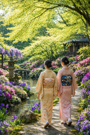 新潟の日本庭園28か所を、着物で。「着物で巡る 春の