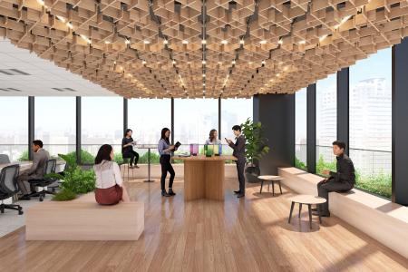 システム天井の意匠性を高める国産木材格子ルーバーを