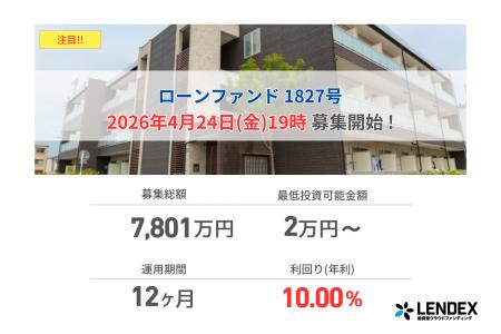 【LENDEX】年利10%のローンファンド 1827号、募集開始