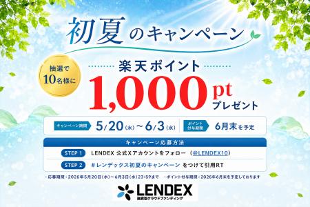 【LENDEX】初夏のキャンペーン「楽天ポイントが当たる 【LENDEX】初夏のキャンペーン「楽天ポイントが当たる