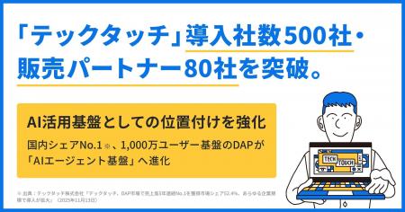 「テックタッチ」導入社数500社・販売パートナー80社 「テックタッチ」導入社数500社・販売パートナー80社