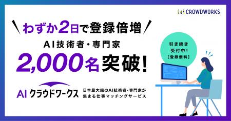 わずか2日で登録倍増!AI技術者・専門家 2,000名突破 わずか2日で登録倍増!AI技術者・専門家 2,000名突破