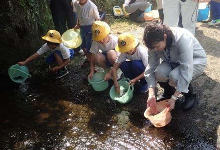 NOKグループ北茨城地区3社、大北川のアユ稚魚放流体験 NOKグループ北茨城地区3社、大北川のアユ稚魚放流体験