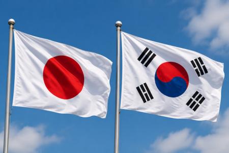 日韓両国の国旗。日韓ACSA（物品役務相互提供協定...