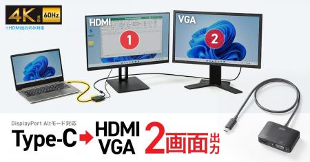 Type-CポートからHDMIとVGAへ同時出力。2台のディスプ