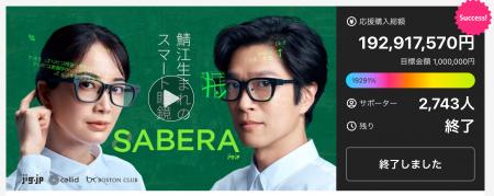 次世代スマート眼鏡「SABERA」、Makuake購入総額1.9億
