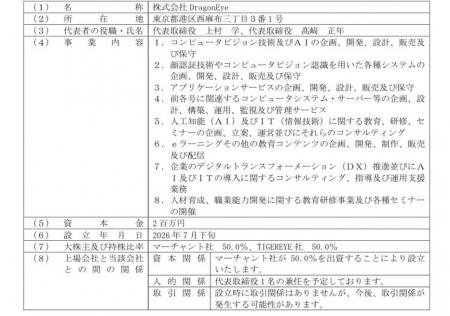 株式会社TIGEREYE との合弁会社設立のお知らせ 株式会社TIGEREYE との合弁会社設立のお知らせ