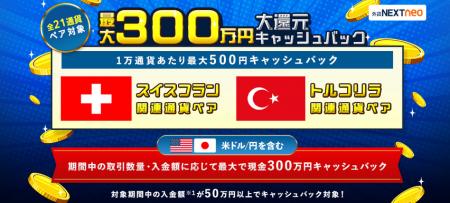 「取引数量・入金額に応じて最大300万円!大還元キャ 「取引数量・入金額に応じて最大300万円!大還元キャ