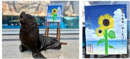 【仙台うみの杜水族館】青空の台紙に大輪のヒマワリ　