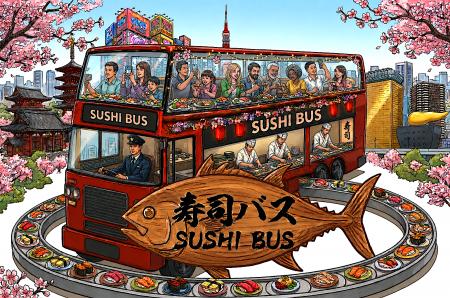 世界初！「二階建てバス × 回転寿司」の異業種コラボ