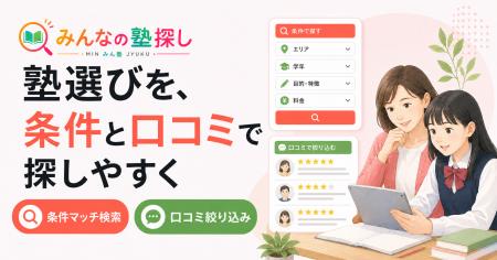 「みんなの塾探し」、条件マッチ検索と口コミの条件別 「みんなの塾探し」、条件マッチ検索と口コミの条件別