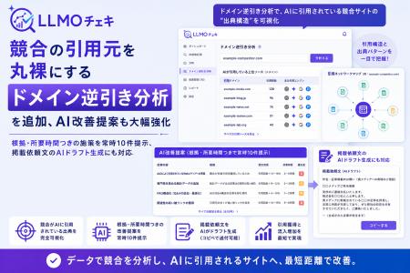 「LLMOチェキ」、競合の引用元を丸裸にする「ドメイン 「LLMOチェキ」、競合の引用元を丸裸にする「ドメイン