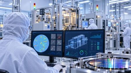 半導体製造工程でAIを活用するイメージ。欠陥検出...