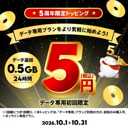 povo2.0、5周年を記念して5円トッピング「0.5GB(24時
