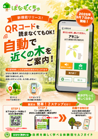 木や見どころに近づくと自動でお知らせ。音声ガイドを
