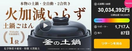 開始7日間で応援購入総額3,000万円突破!『釜の土鍋炊 開始7日間で応援購入総額3,000万円突破!『釜の土鍋炊