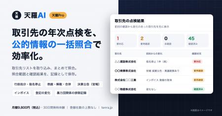 取引先の年次点検を効率化。天羅AI「天羅Pro」、行政