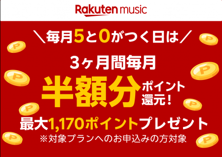 「Rakuten Music」、対象プラン半額分の「楽天ポイン