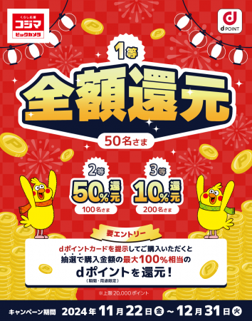コジマにおいて「抽選で最大全額ポイント還元キャンペ