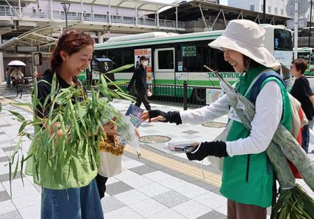JR高槻駅前で七夕用に間伐材のササを無料配布 JR高槻駅前で七夕用に間伐材のササを無料配布
