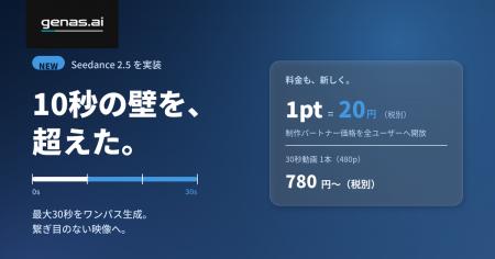 話題の「Seedance 2.5」を実装──AI動画生成「genas.AI 話題の「Seedance 2.5」を実装──AI動画生成「genas.AI